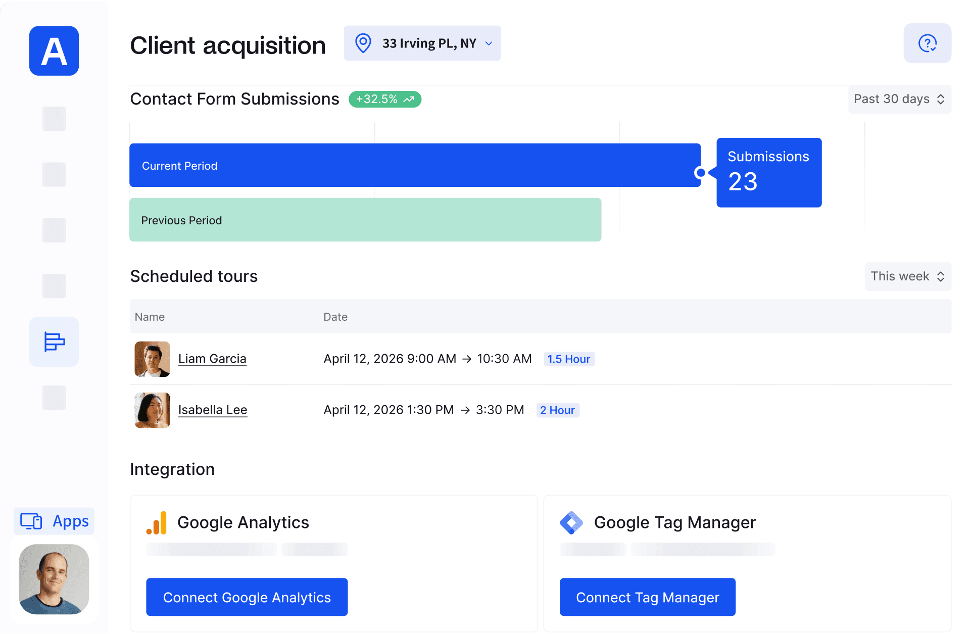 Archie software interface displaying contact form submissions and scheduled tours.