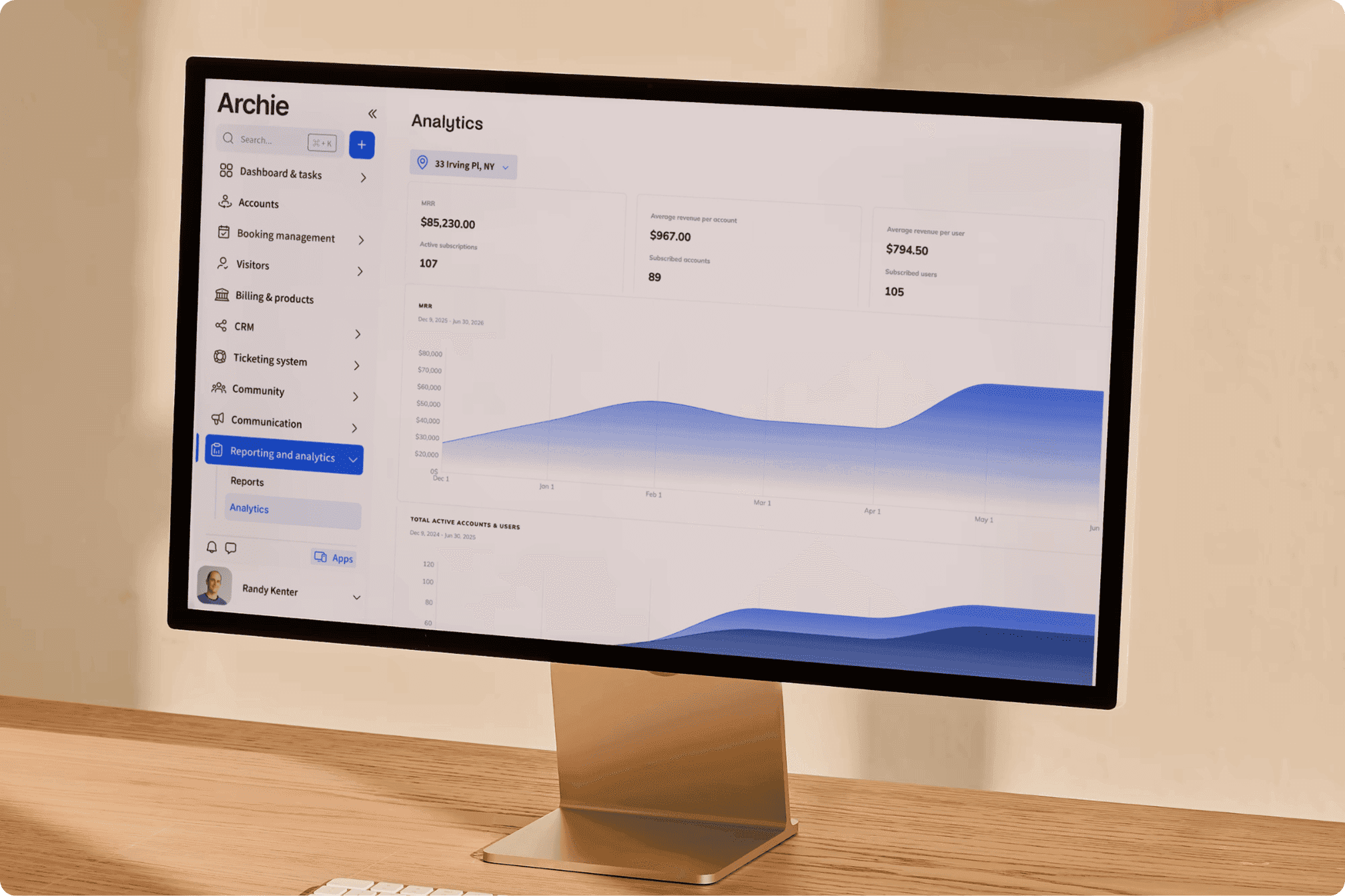 Archie app analytics dashboard on a desktop, showing revenue and subscription stats.