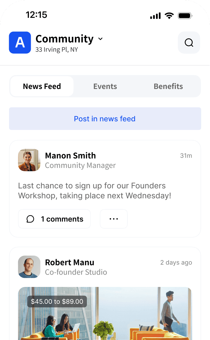 Archie Mobile app interface displaying a community news feed with posts and updates from different coworking space members.