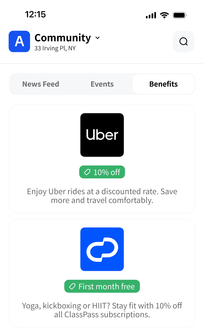 Archie Mobile app interface showing a community benefits section with discounts for Uber rides and ClassPass subscriptions.