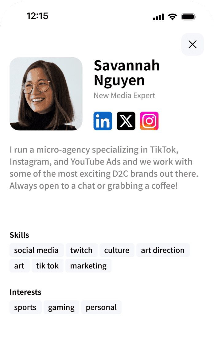 Archie Mobile app profile of Savannah Nguyen, a coworking space member.