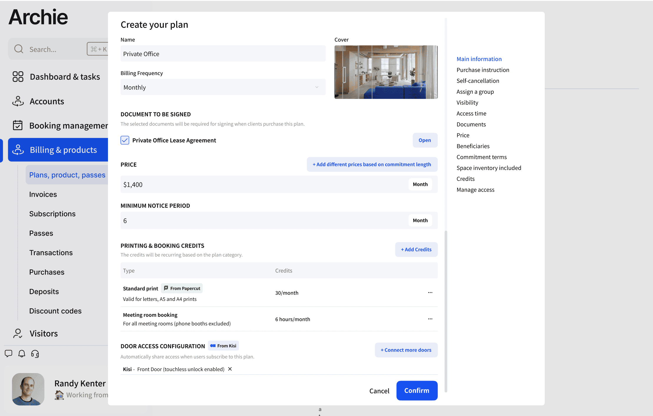 Archie interface for creating a plan named Private Office with details on billing frequency, required documents, pricing, and credits for printing and meeting room booking.