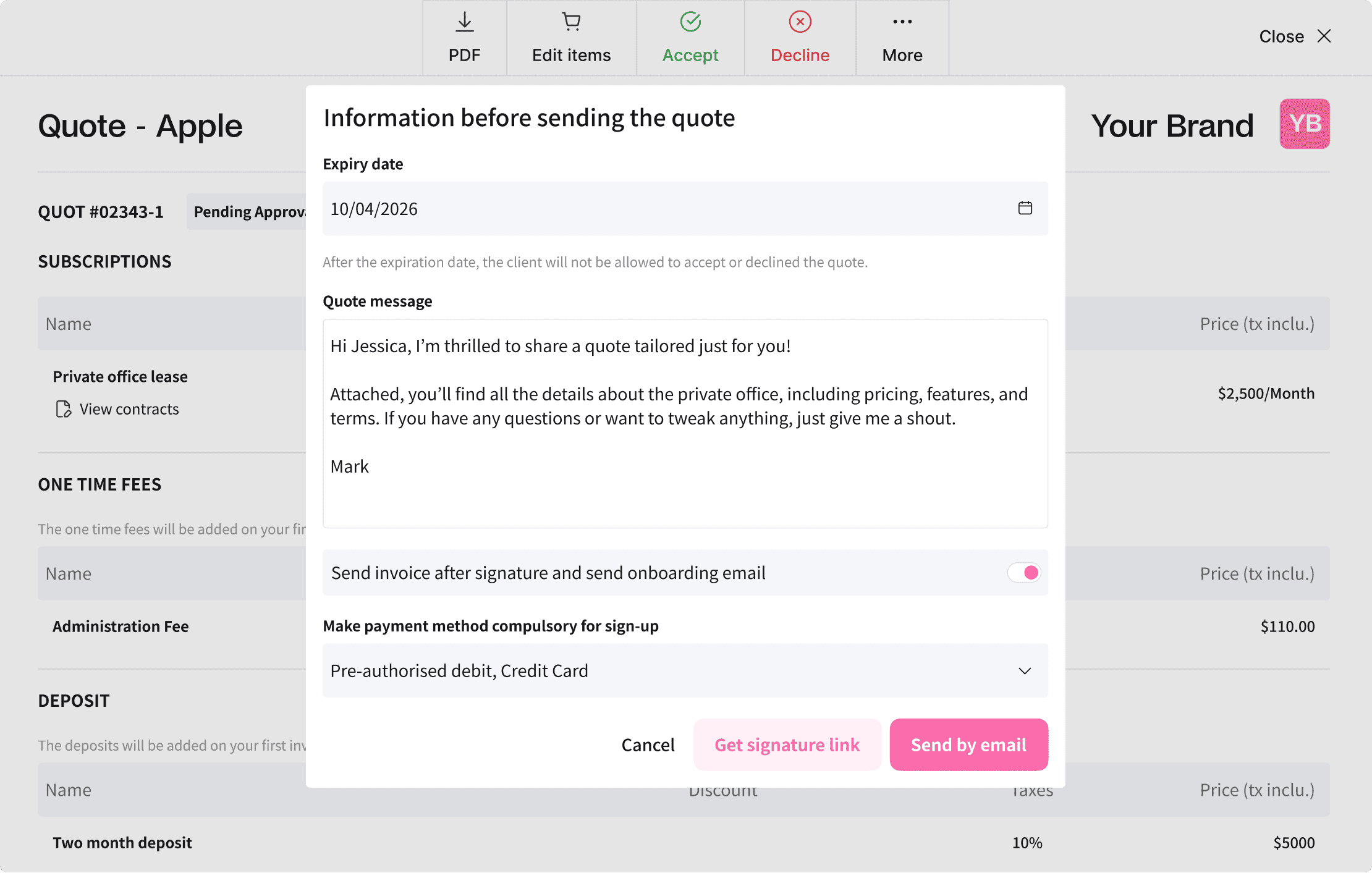 Proposal document for Apple, showing company information, payment methods, and quote details.
