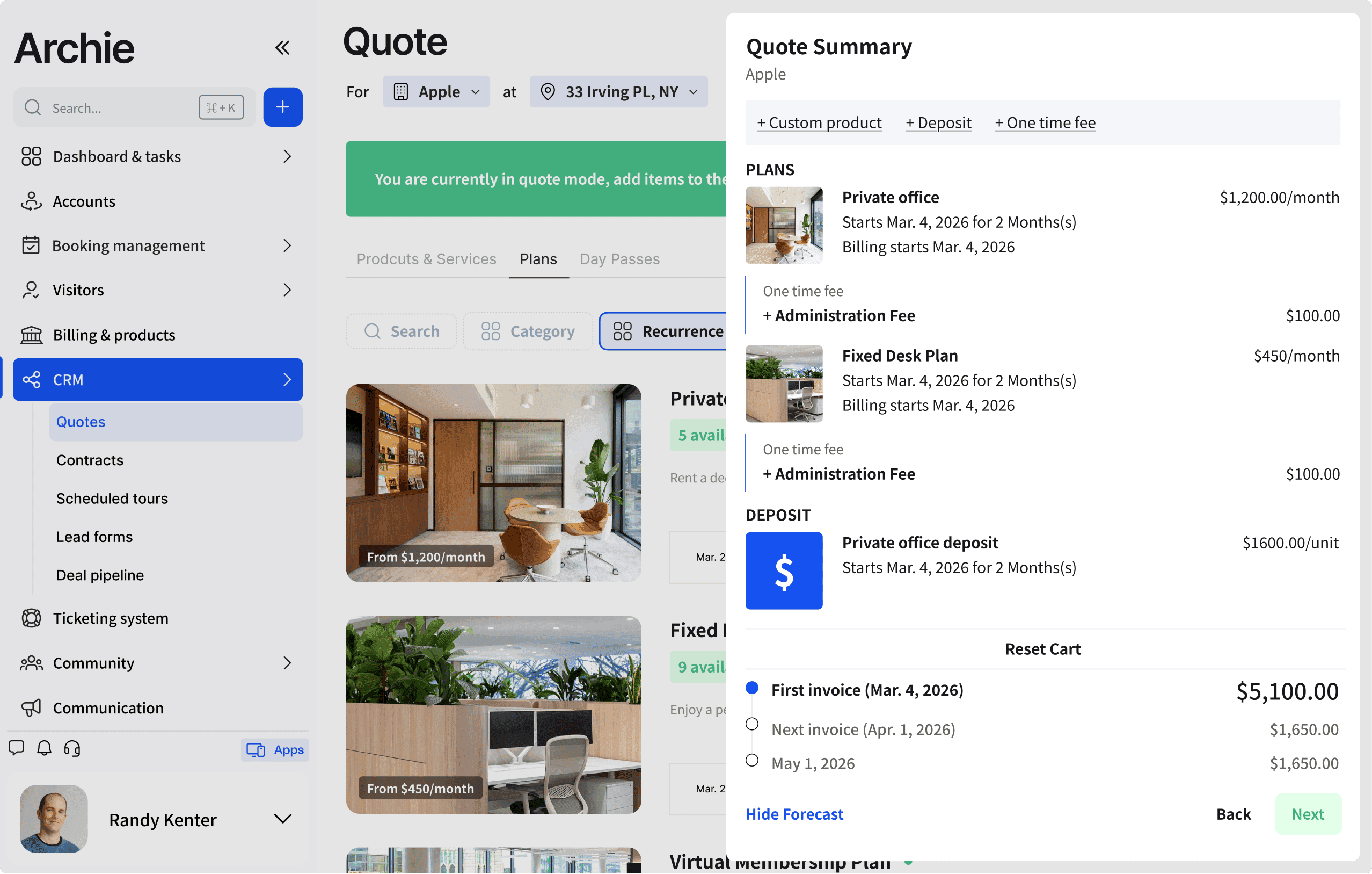 Archie interface with a coworking space quote summary showing selected plans, deposits, and fees for a private office and fixed desk plan.