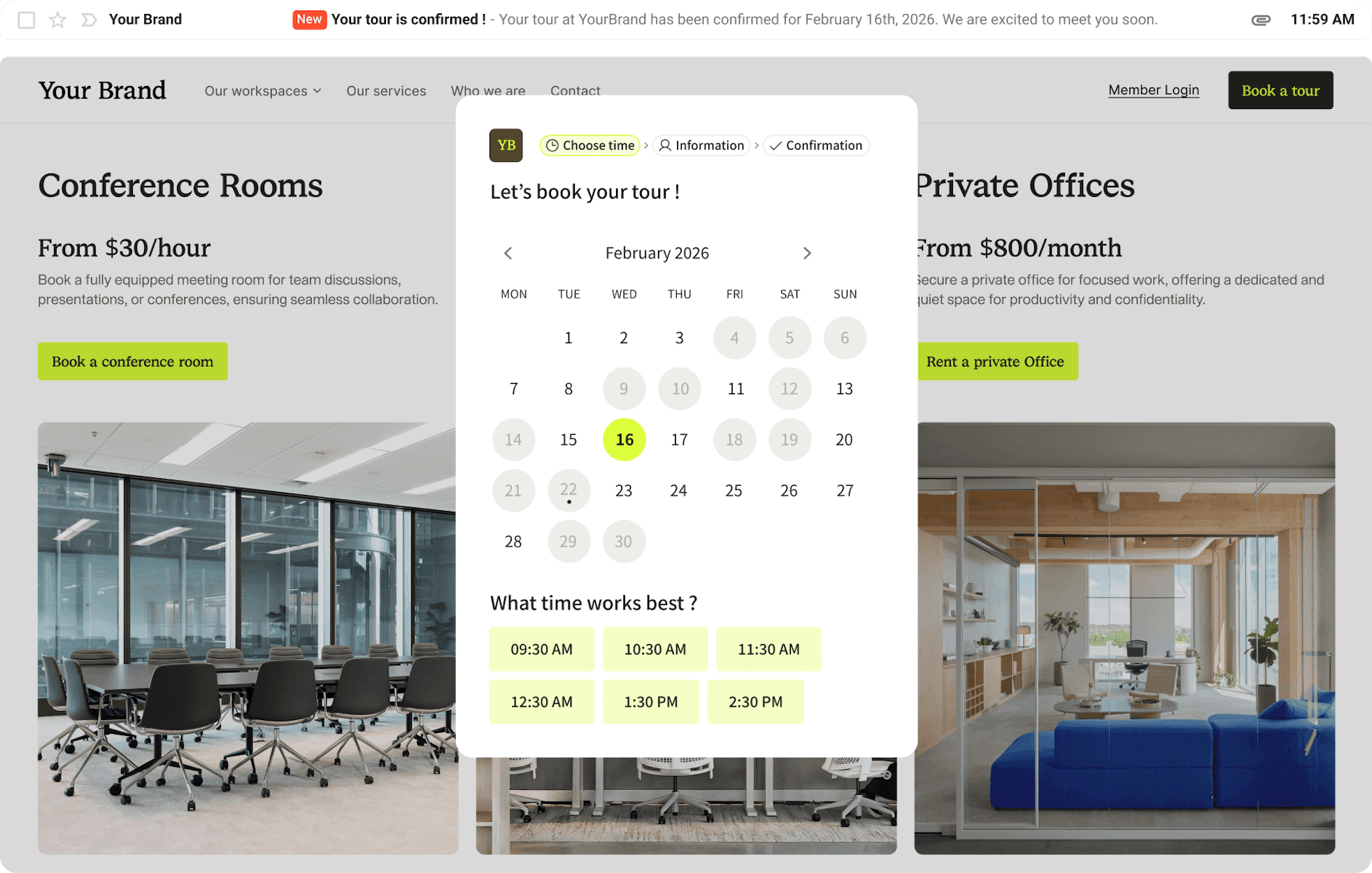 Website interface for booking conference rooms and private offices with pricing and availability.
