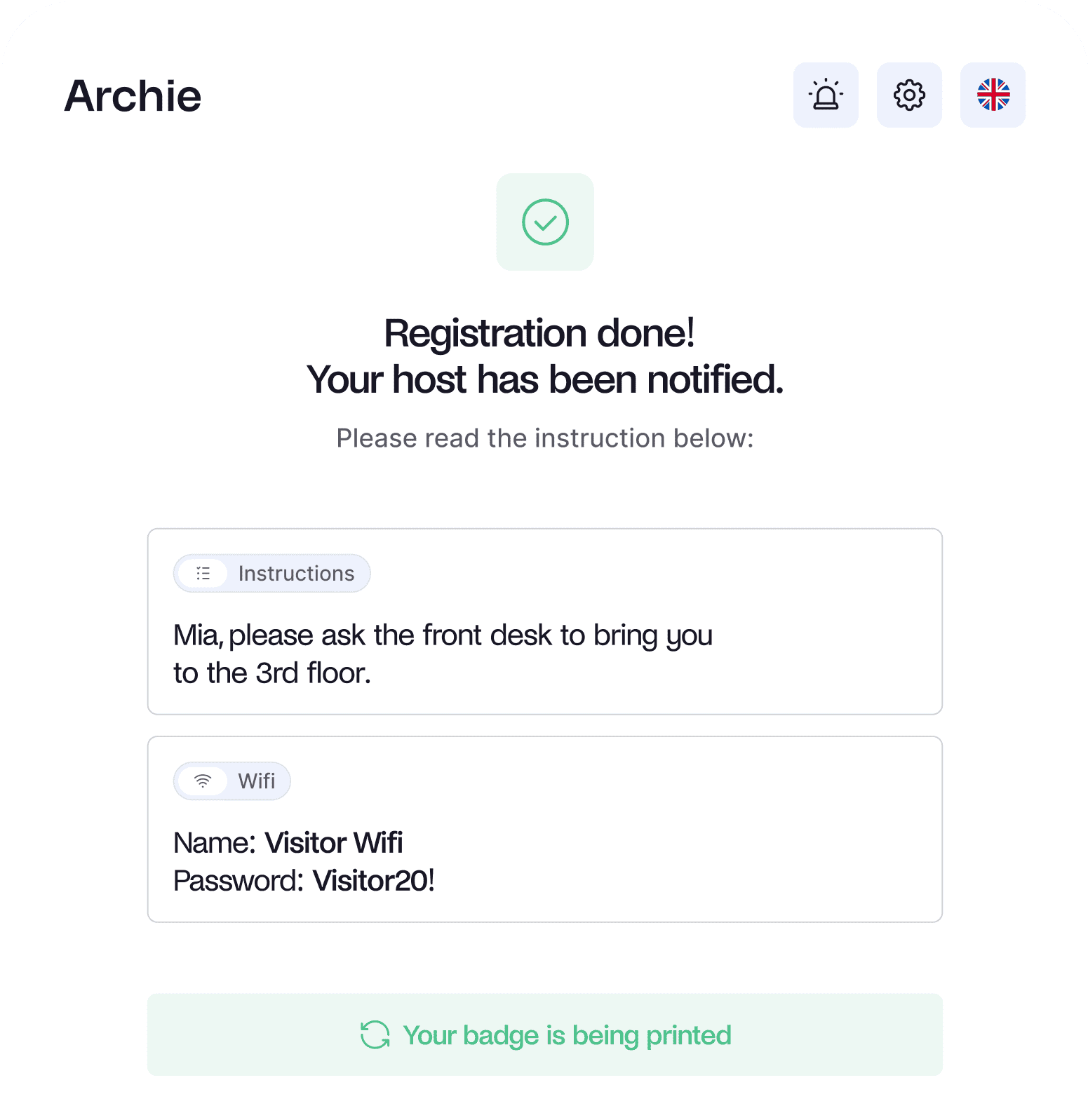 Email interface showing a message with details about an upcoming visit, including host information, location, date, and check-in instructions.