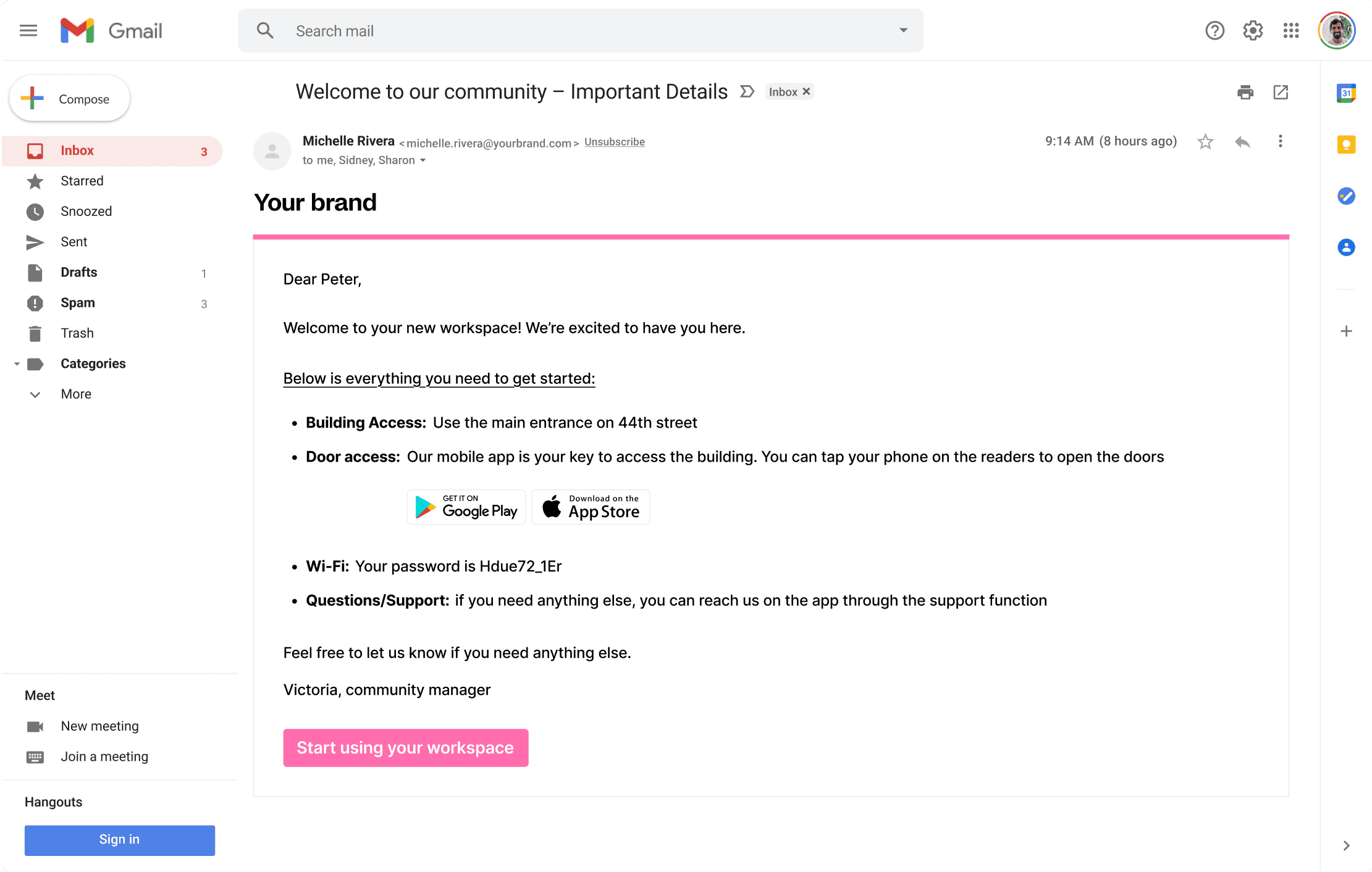 Email interface showing a welcome message with details about a new workspace, including building access, door access via mobile app, Wi-Fi password, and support contact.