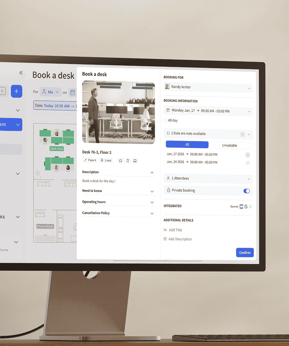 Desktop view of Archie's desk booking features with seat layout and schedule options.
