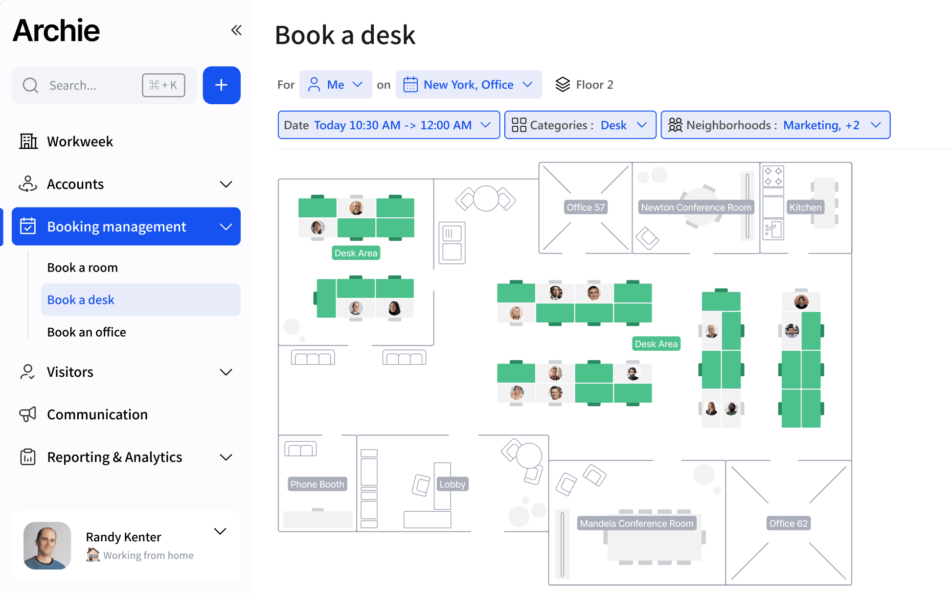 Archie interface displaying a visual floor plan for choosing and booking a desk.