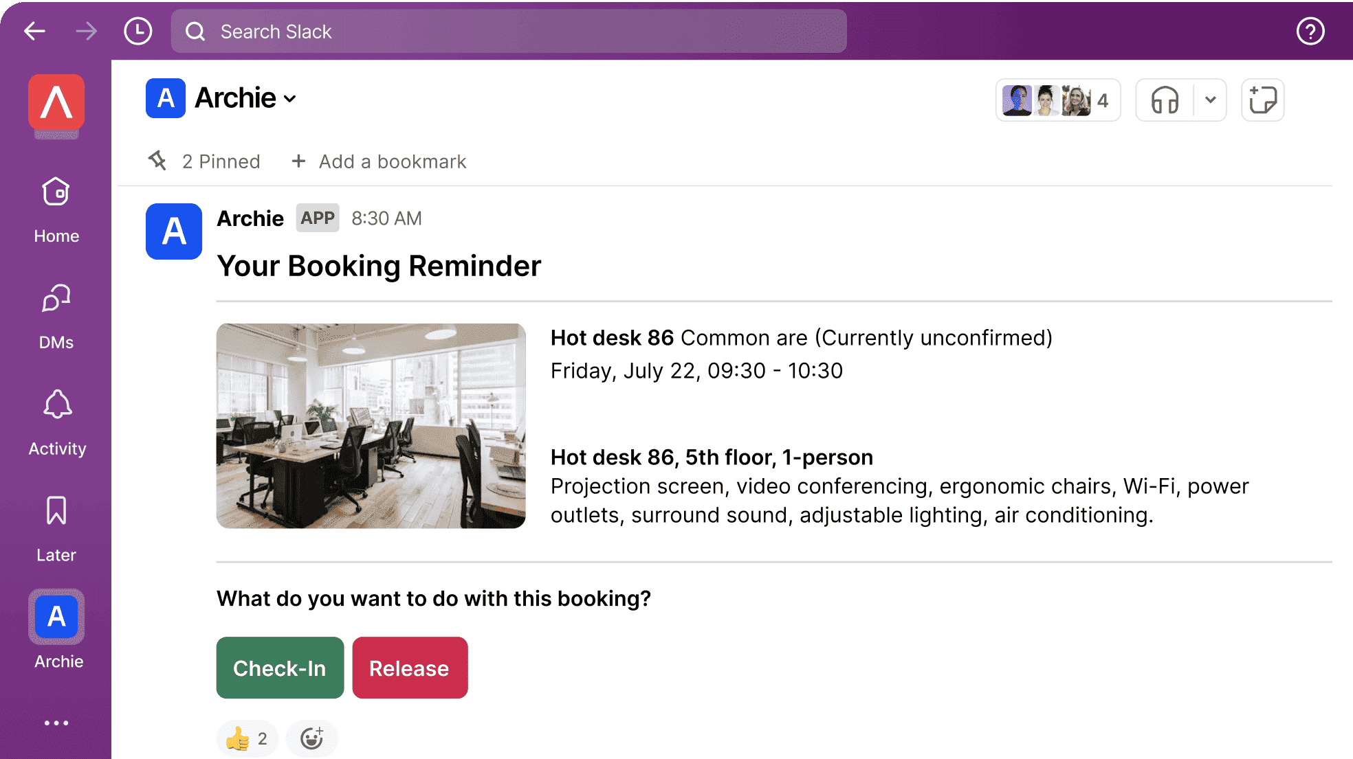 Slack message from Archie app showing a desk booking reminder with check-in and release options.