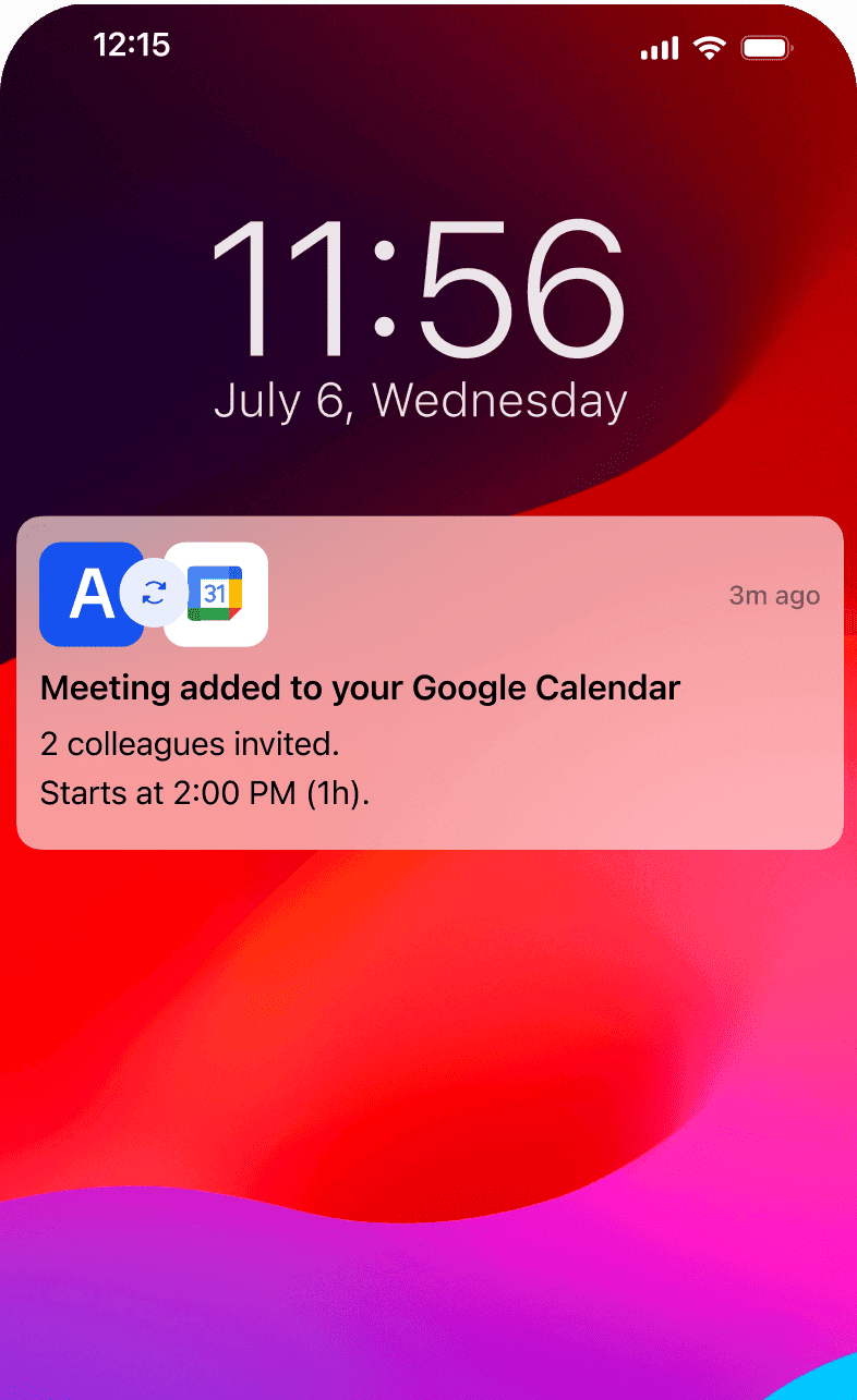 A mobile notification indicating that a meeting has been added to the user's Google Calendar.