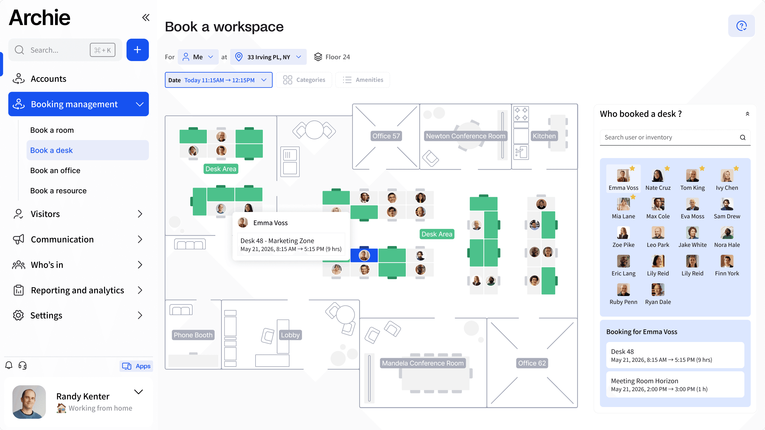 A computer screen displaying Archie's workspace booking system with a floor plan showing available desks and rooms, and a view of who's planning to be at the office.