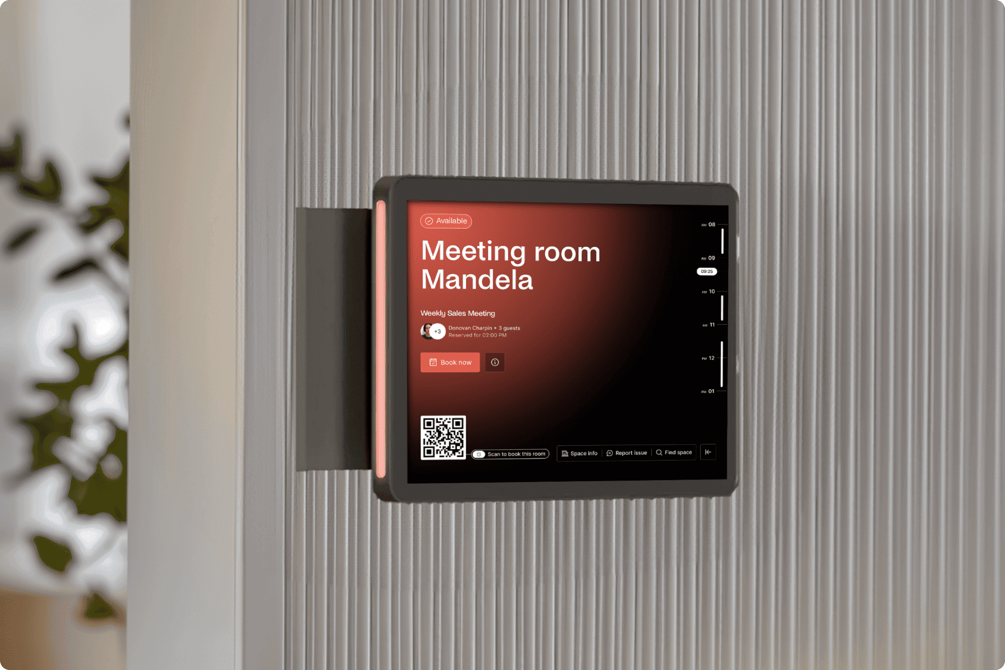 A tablet outside the "Meeting room Mandela" showing it as available, with booking details for "Weekly Sales Meeting" and a QR code for booking.