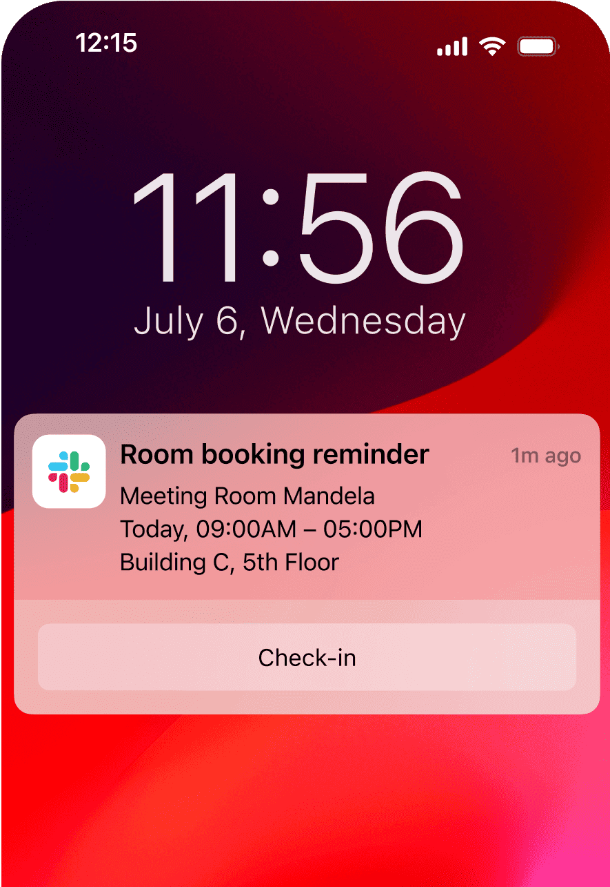 A smartphone lock screen displaying a notification for a room booking reminder. The notification indicates a booking for "Meeting Room Mandela" from 9:00 AM to 5:00 PM on the current day. The time on the phone is 11:56 AM, and the date is July 6, Wednesday.