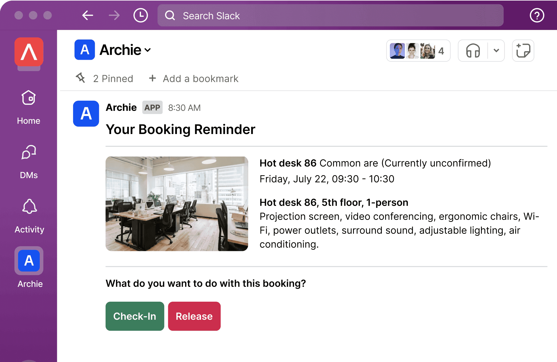 Slack message from Archie app showing booking reminder for Hot desk 86 on July 22nd with 'Check-In' and 'Release' buttons