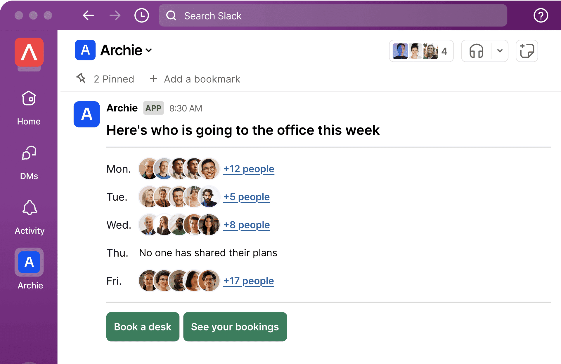 Slack message from Archie app displaying weekly office attendance with profile photos for each day and 'Book a desk' and 'See your bookings' buttons