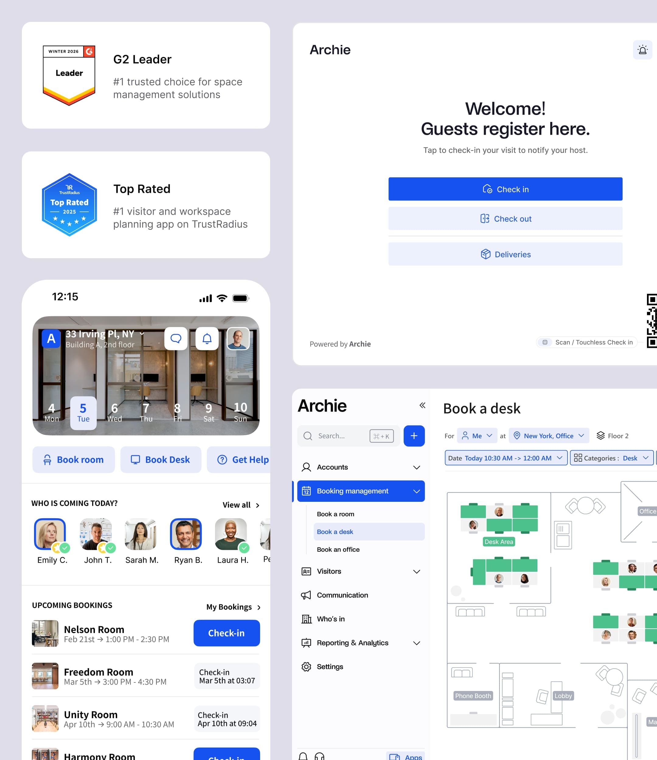 A mobile app interface for Archie, displaying options for booking rooms, desks, checking in, and viewing upcoming bookings. It also highlights awards like "G2 Leader Fall 2025" and "Top Rated 2025."
