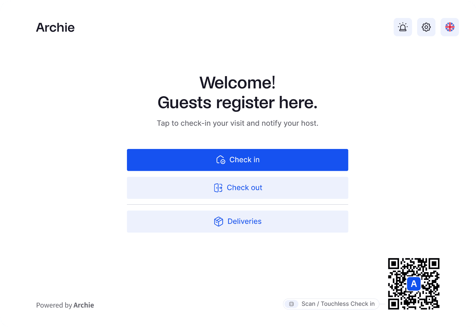 Tablet screen with a welcome message for guest registration, including check-in, check-out, and deliveries options.