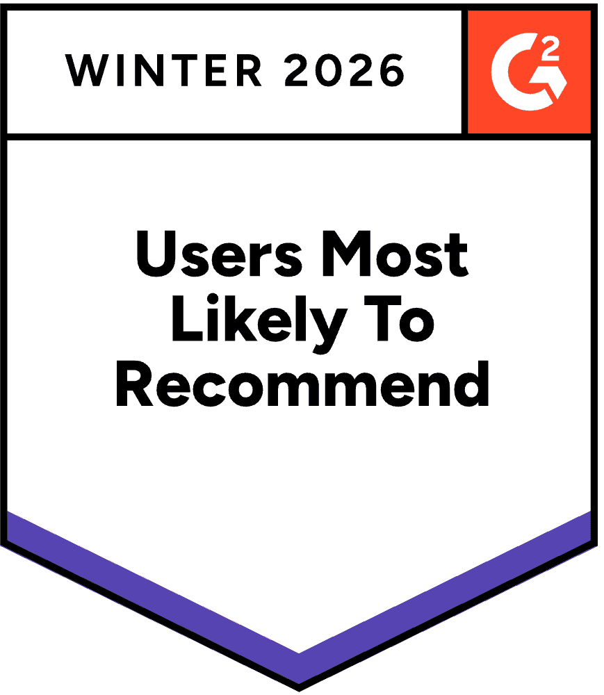 A badge labeled "Users Most Likely to Recommend" awarded by G2 for Summer 2025, indicating strong user endorsement of the software.