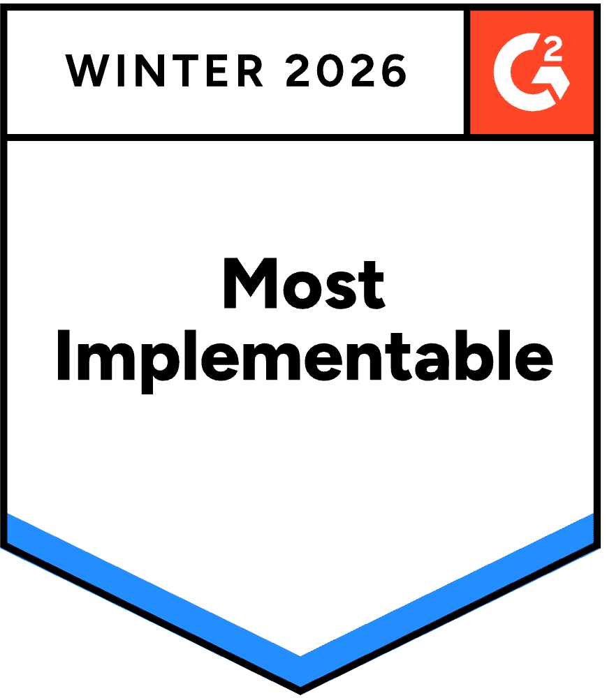 A badge indicating the software is recognized as "Most Implementable" for Summer 2025 by G2.