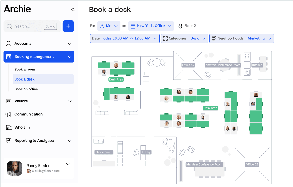 A screenshot of the Archie app's "Book a desk" feature, showing a floor plan with available desks and neighborhood filters.